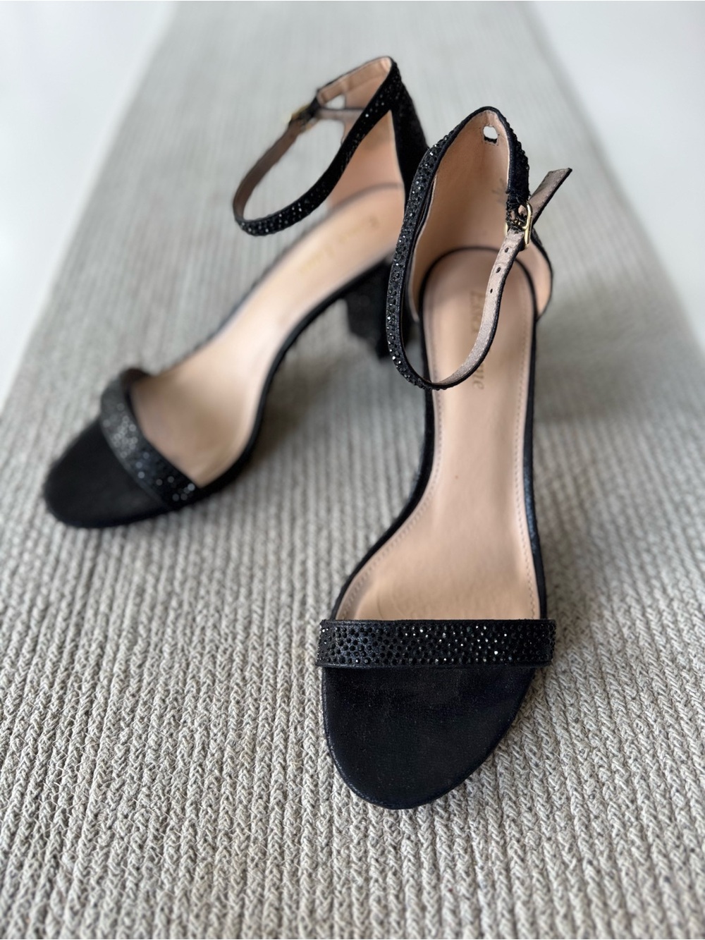 Essex Lane Black Crystal-Embellished Ankle-Strap Heels Sz 9